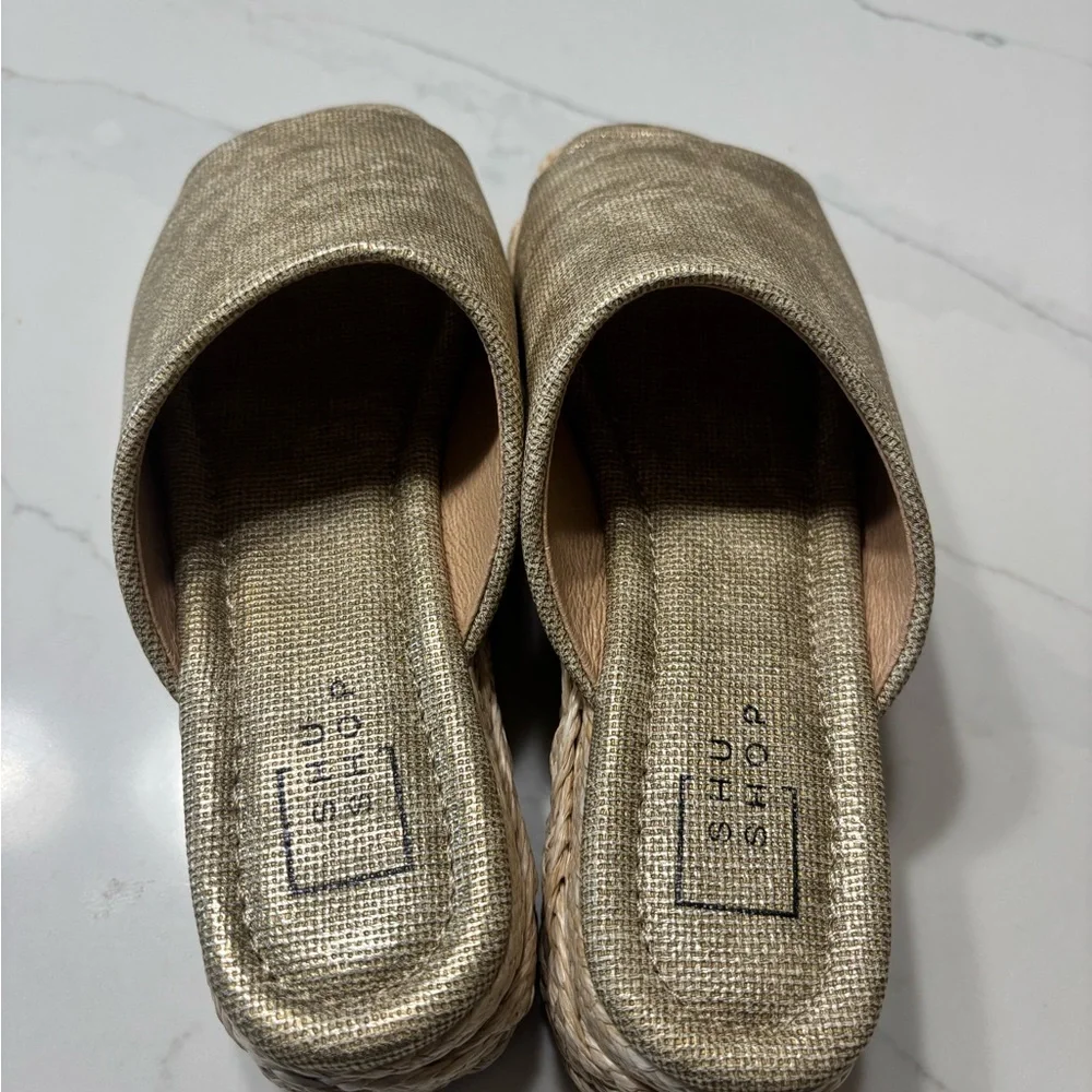 ShuShop Natural Gold Platform Espadrille Slide Sandals